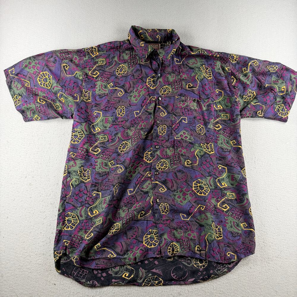 Vintage 90s RE.ACTOR Shirt Mens XL Purple Abstract Geometric Rayon Button Up
